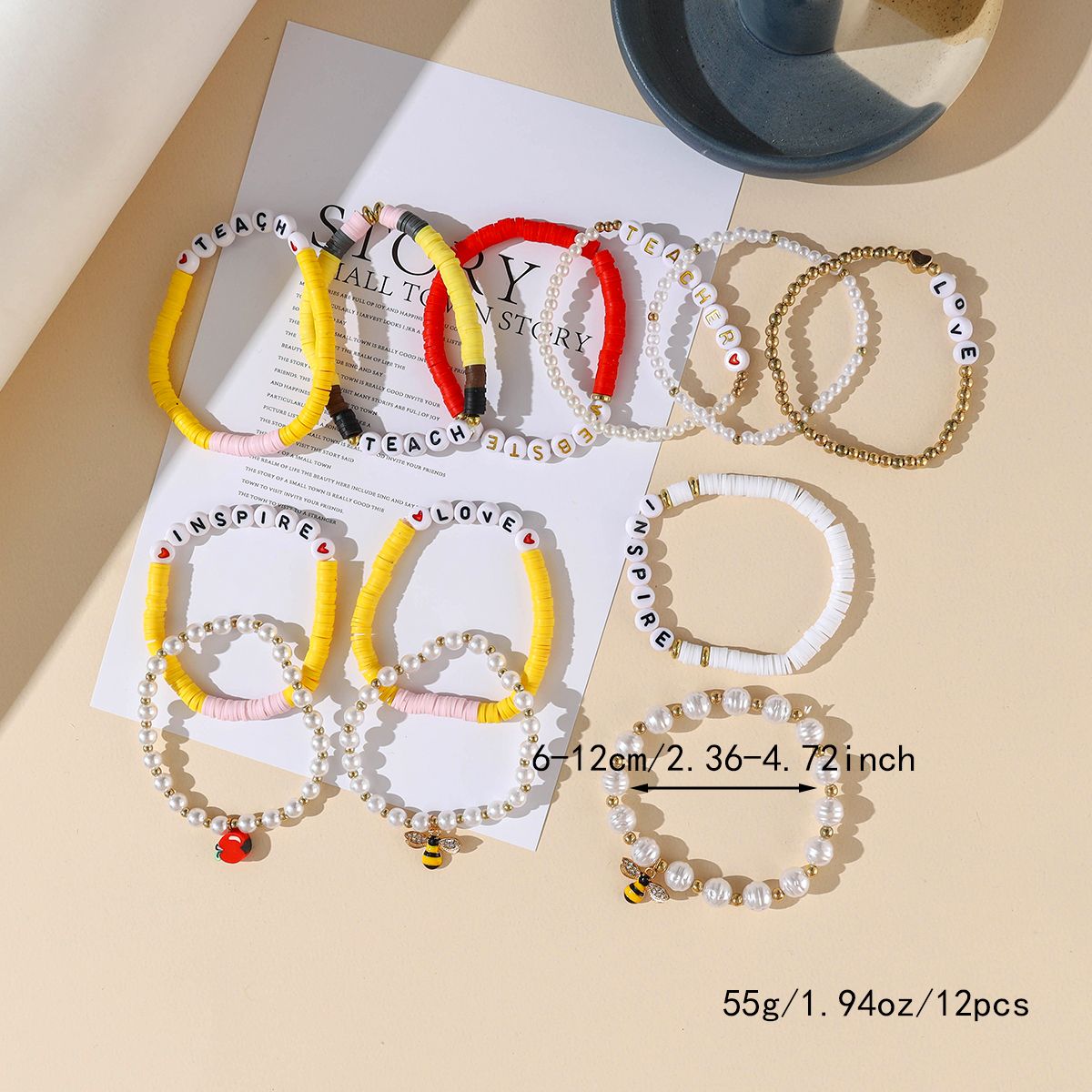 12 Pieces Valentine's Day Soft Ceramic Zinc Alloy Bee Apple Handmade Beaded Elastic Adjustable Fashion Bracelet Set