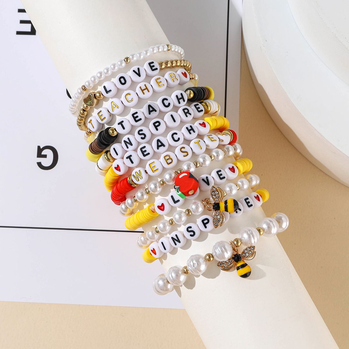 12 Pieces Valentine's Day Soft Ceramic Zinc Alloy Bee Apple Handmade Beaded Elastic Adjustable Fashion Bracelet Set