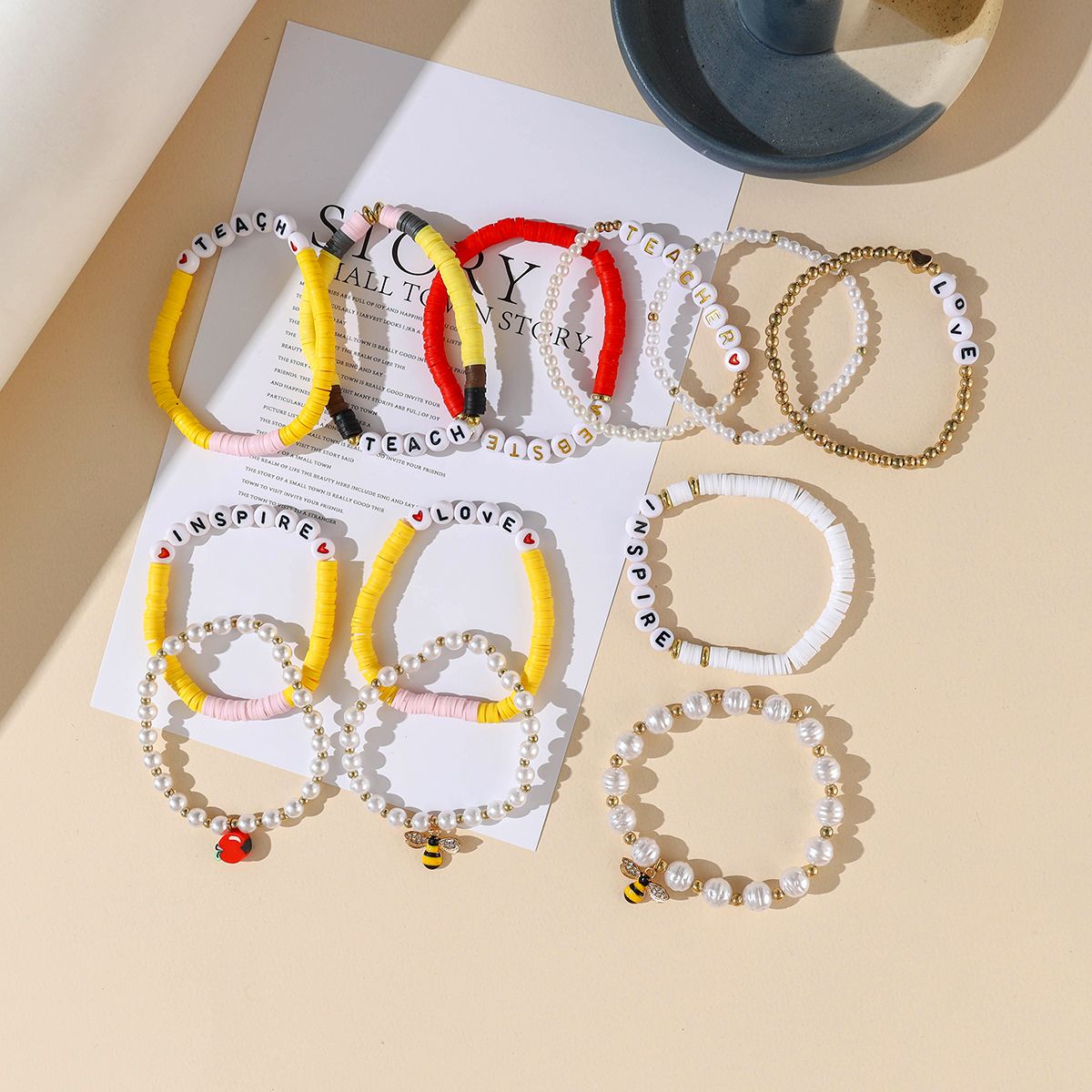 12 Pieces Valentine's Day Soft Ceramic Zinc Alloy Bee Apple Handmade Beaded Elastic Adjustable Fashion Bracelet Set