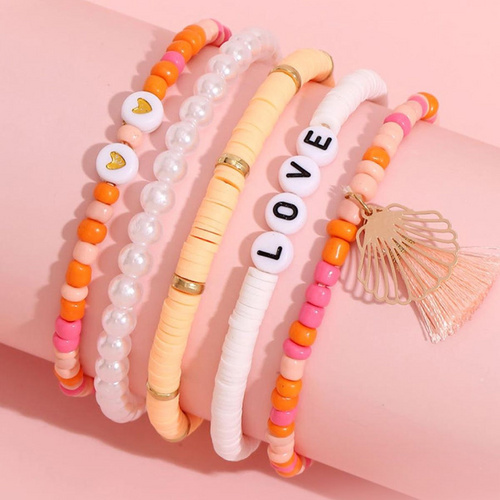 5 Pieces Valentine's Day soft ceramic zinc alloy skeleton scallop handmade beading elastic adjustable fashion bracelet set