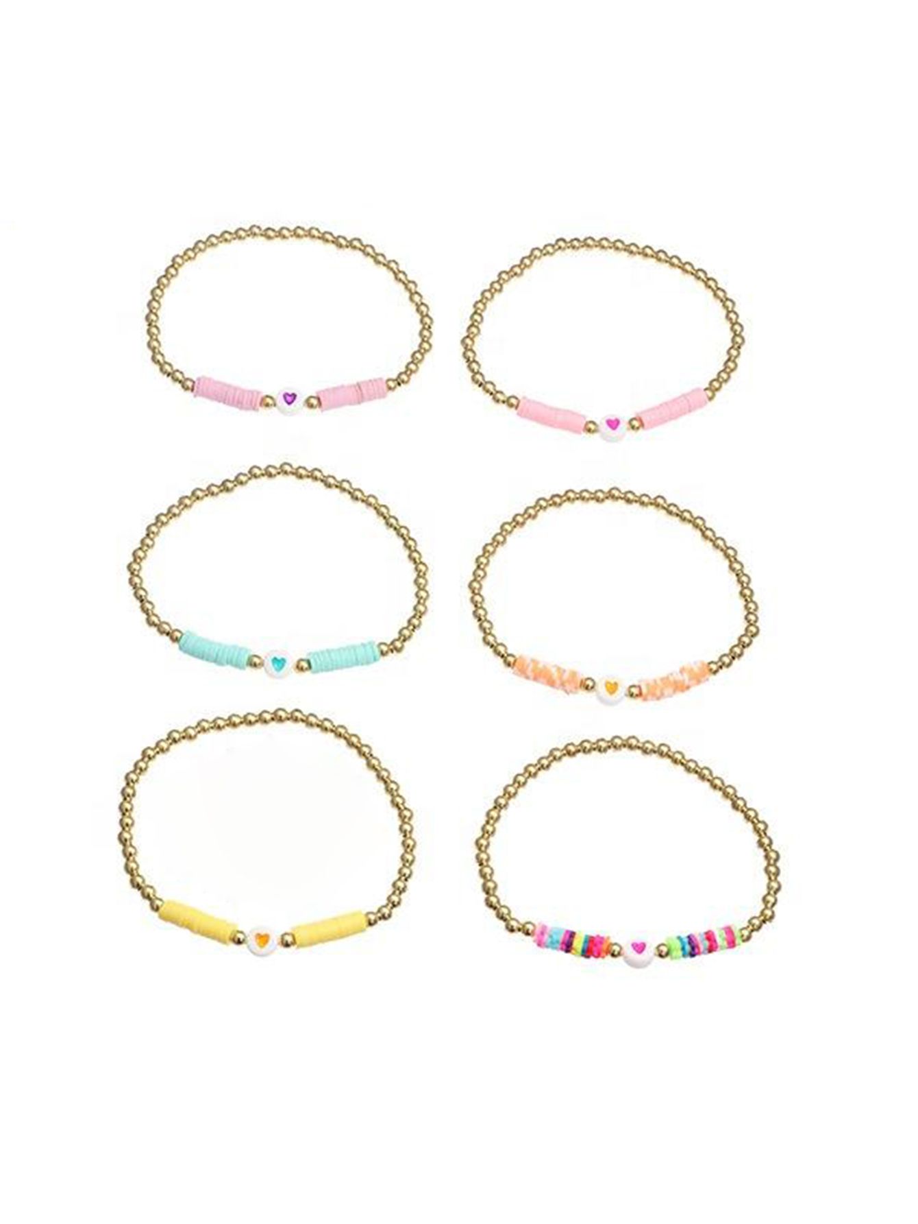 6 pieces Valentine's Day soft ceramic zinc alloy heart handmade beads elastic adjustable fashion simple bracelet set