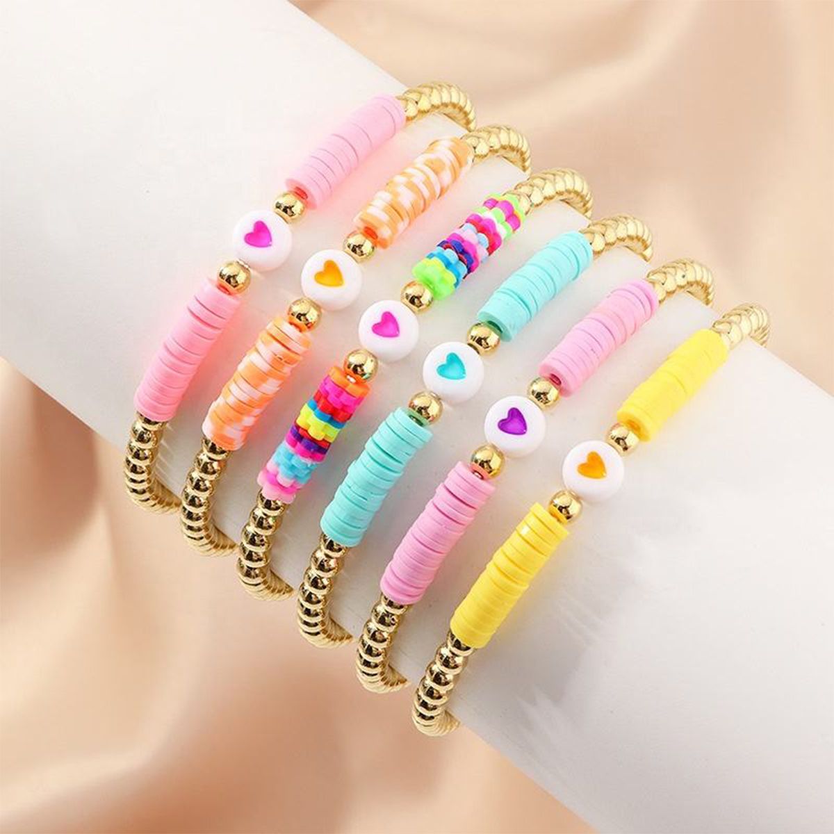 6 pieces Valentine's Day soft ceramic zinc alloy heart handmade beads elastic adjustable fashion simple bracelet set