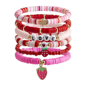 6 pieces Valentine's Day soft ceramic zinc alloy strawberry star handmade beads elastic adjustable fashion bracelet set