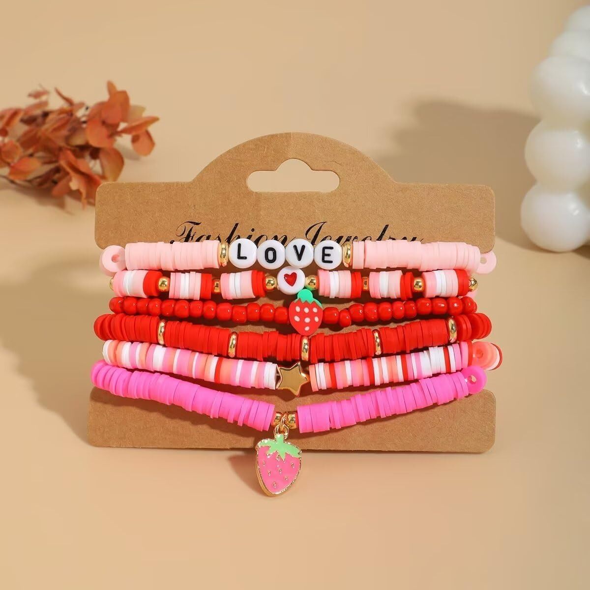 6 pieces Valentine's Day soft ceramic zinc alloy strawberry star handmade beads elastic adjustable fashion bracelet set