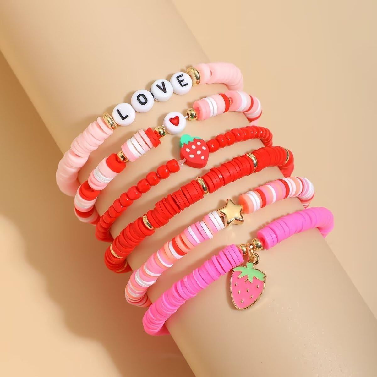 6 pieces Valentine's Day soft ceramic zinc alloy strawberry star handmade beads elastic adjustable fashion bracelet set