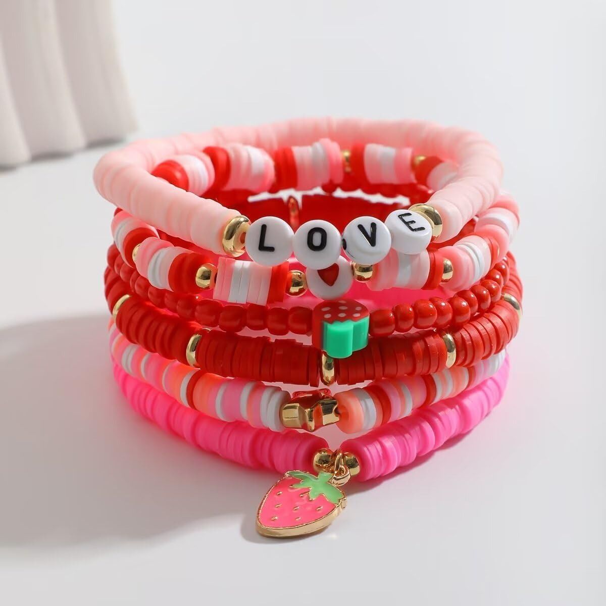 6 pieces Valentine's Day soft ceramic zinc alloy strawberry star handmade beads elastic adjustable fashion bracelet set