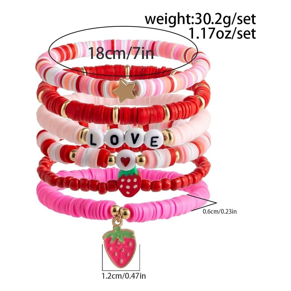 6 pieces Valentine's Day soft ceramic zinc alloy strawberry star handmade beads elastic adjustable fashion bracelet set