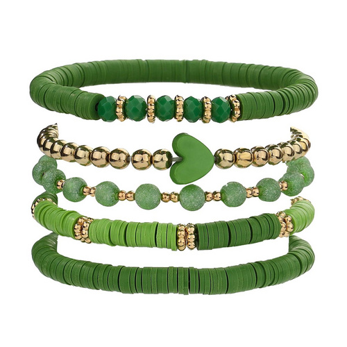 5 Pieces Valentine's Day Soft Ceramic Zinc Alloy Green Heart Handmade Beaded Elastic Adjustable Fashion Bracelet Set