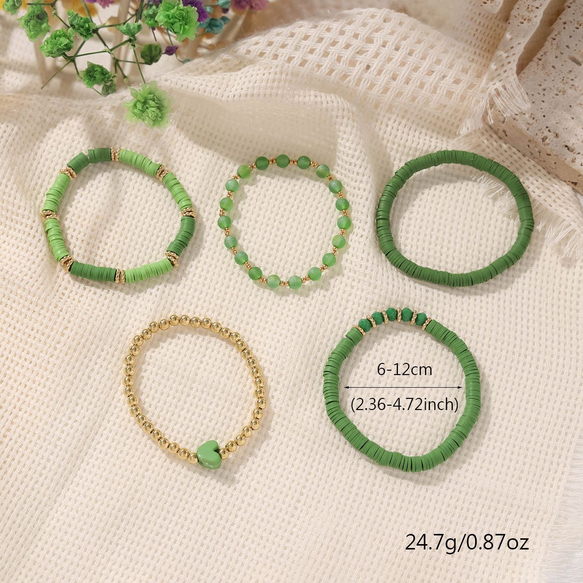 5 Pieces Valentine's Day Soft Ceramic Zinc Alloy Green Heart Handmade Beaded Elastic Adjustable Fashion Bracelet Set