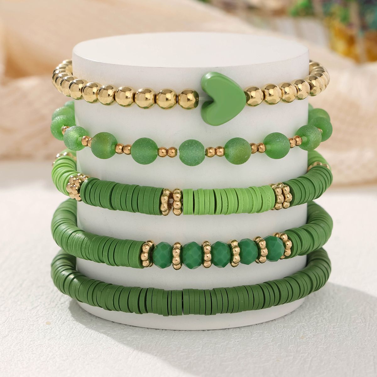 5 Pieces Valentine's Day Soft Ceramic Zinc Alloy Green Heart Handmade Beaded Elastic Adjustable Fashion Bracelet Set