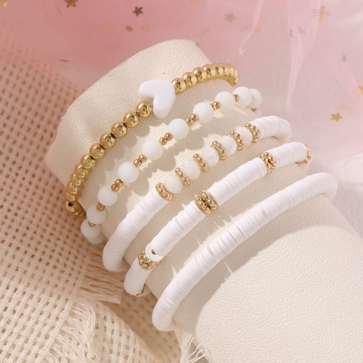 5 pieces Valentine's Day soft ceramic zinc alloy white heart handmade beads elastic adjustable fashion simple bracelet set