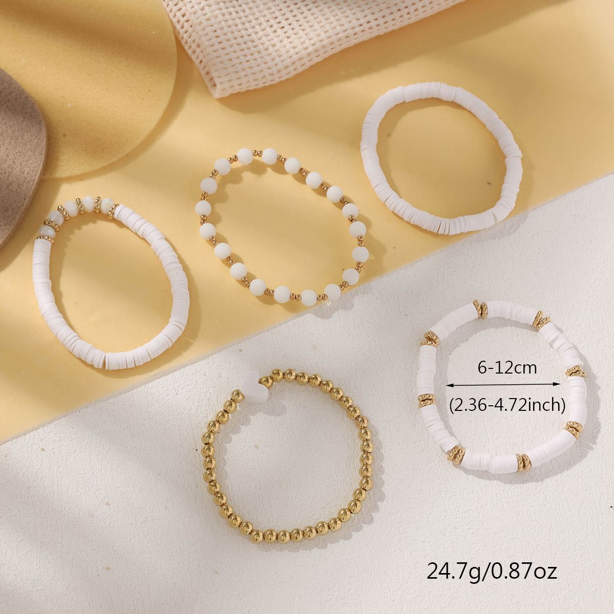 5 pieces Valentine's Day soft ceramic zinc alloy white heart handmade beads elastic adjustable fashion simple bracelet set