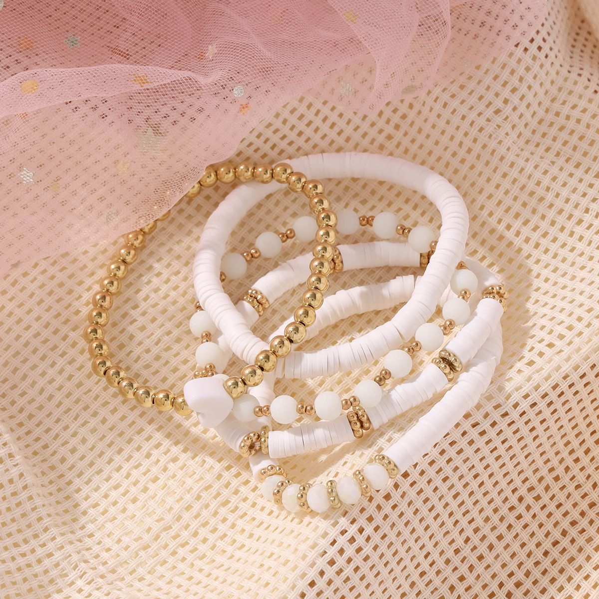 5 pieces Valentine's Day soft ceramic zinc alloy white heart handmade beads elastic adjustable fashion simple bracelet set