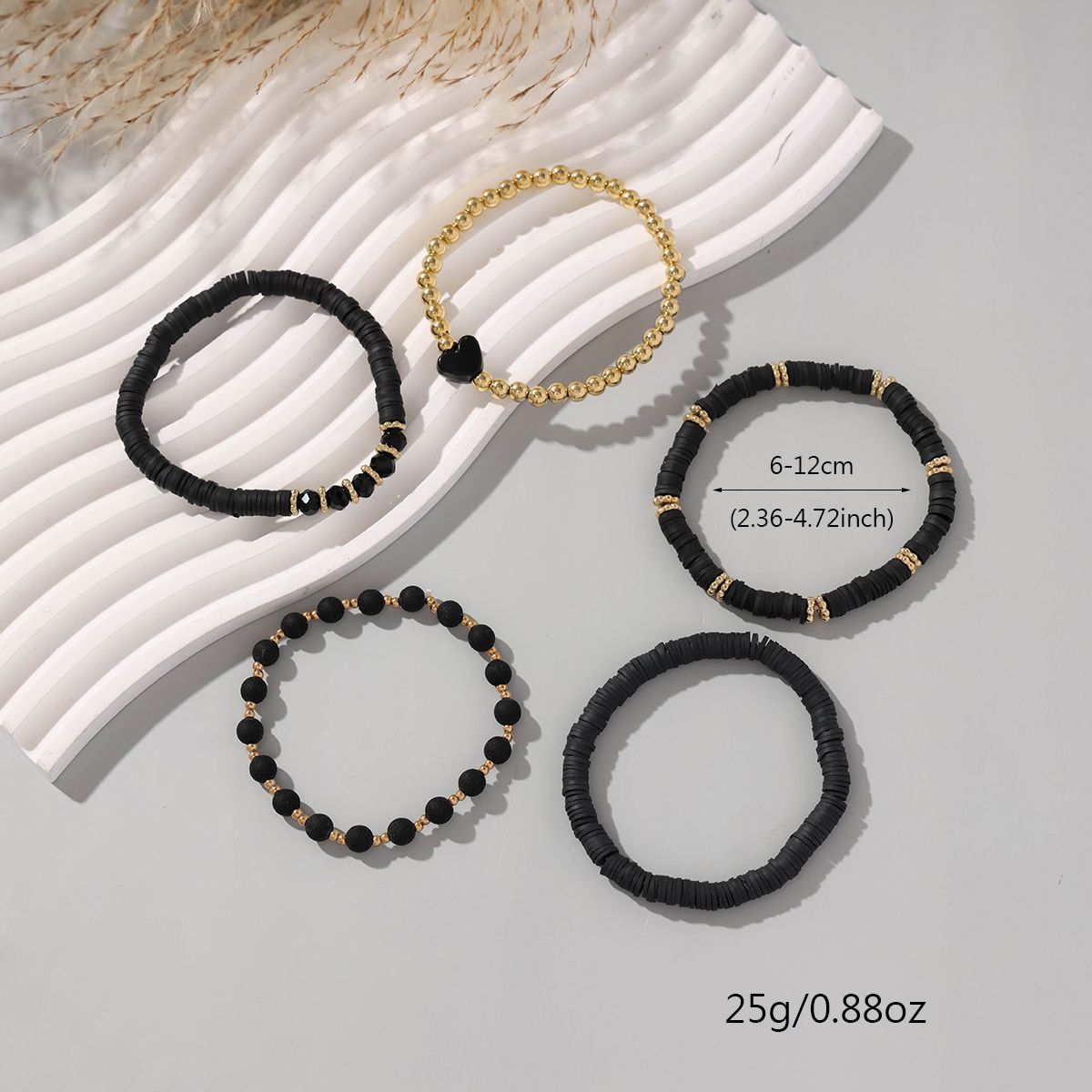 5 pieces Valentine's Day soft ceramic zinc alloy black heart handmade beads elastic adjustable fashion simple bracelet set