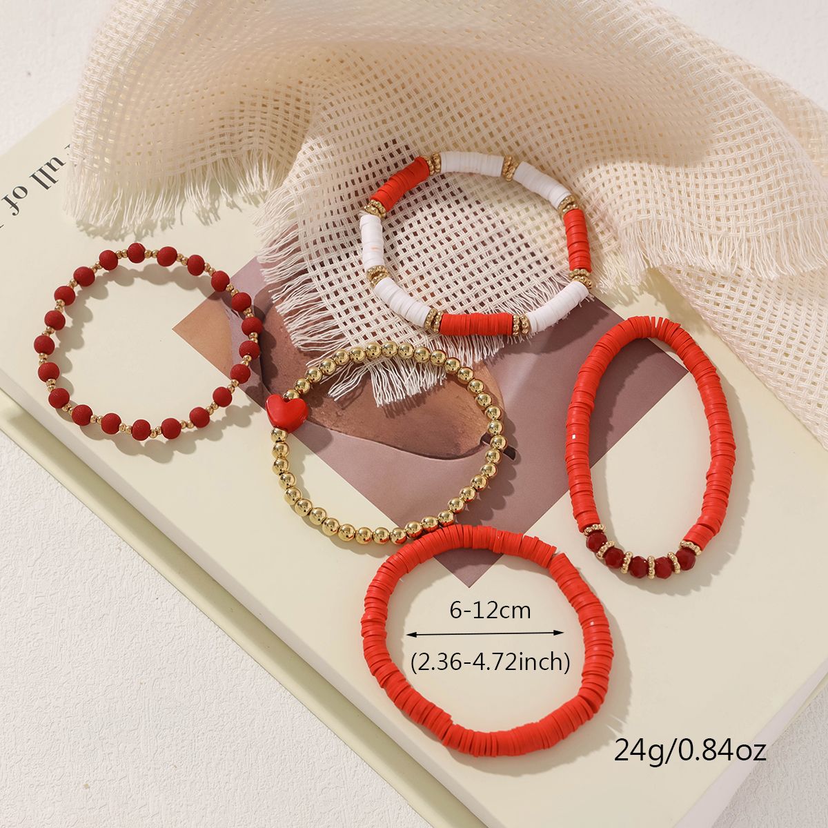 5 Pieces Valentine's Day Soft Ceramic Zinc Alloy Red Heart Handmade Beaded Elastic Adjustable Fashion Bracelet Set