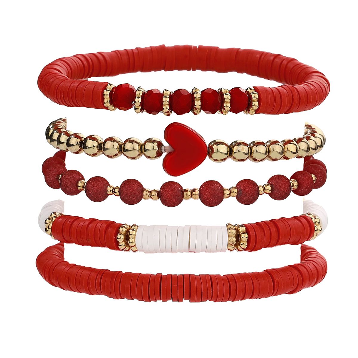 5 Pieces Valentine's Day Soft Ceramic Zinc Alloy Red Heart Handmade Beaded Elastic Adjustable Fashion Bracelet Set