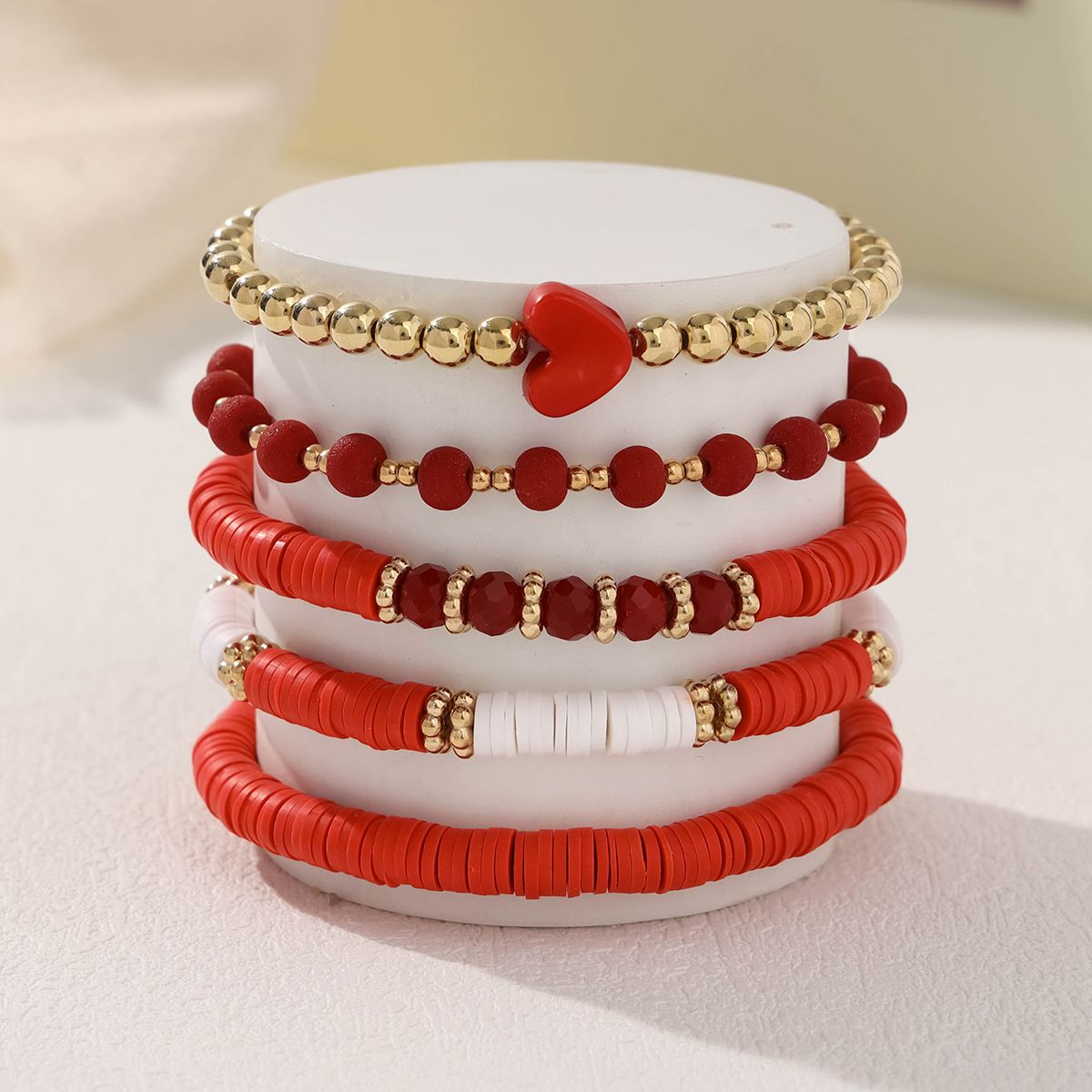 5 Pieces Valentine's Day Soft Ceramic Zinc Alloy Red Heart Handmade Beaded Elastic Adjustable Fashion Bracelet Set