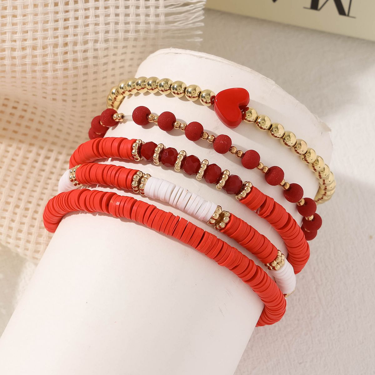 5 Pieces Valentine's Day Soft Ceramic Zinc Alloy Red Heart Handmade Beaded Elastic Adjustable Fashion Bracelet Set