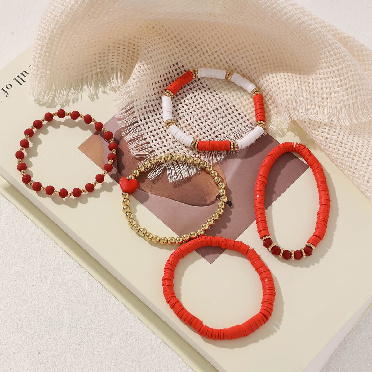 5 Pieces Valentine's Day Soft Ceramic Zinc Alloy Red Heart Handmade Beaded Elastic Adjustable Fashion Bracelet Set