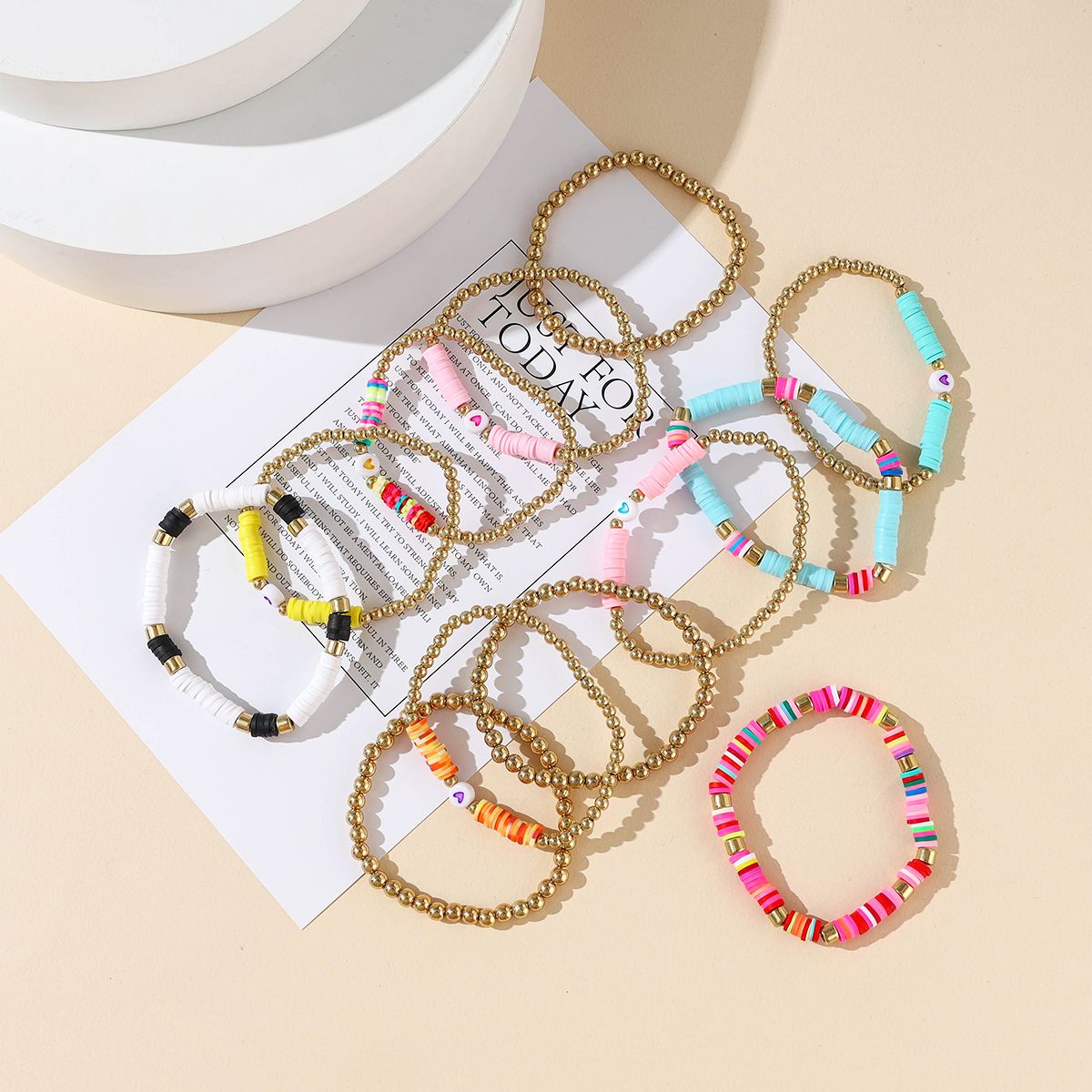 12 pieces Valentine's Day soft ceramic zinc alloy heart handmade beads elastic adjustable fashion simple bracelet set