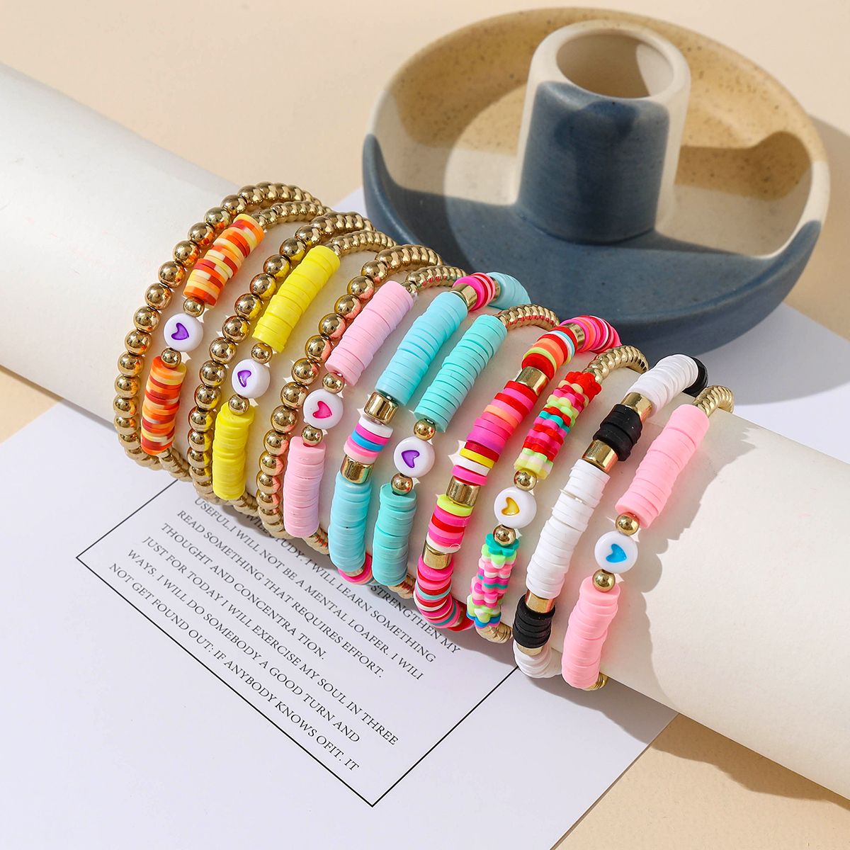 12 pieces Valentine's Day soft ceramic zinc alloy heart handmade beads elastic adjustable fashion simple bracelet set