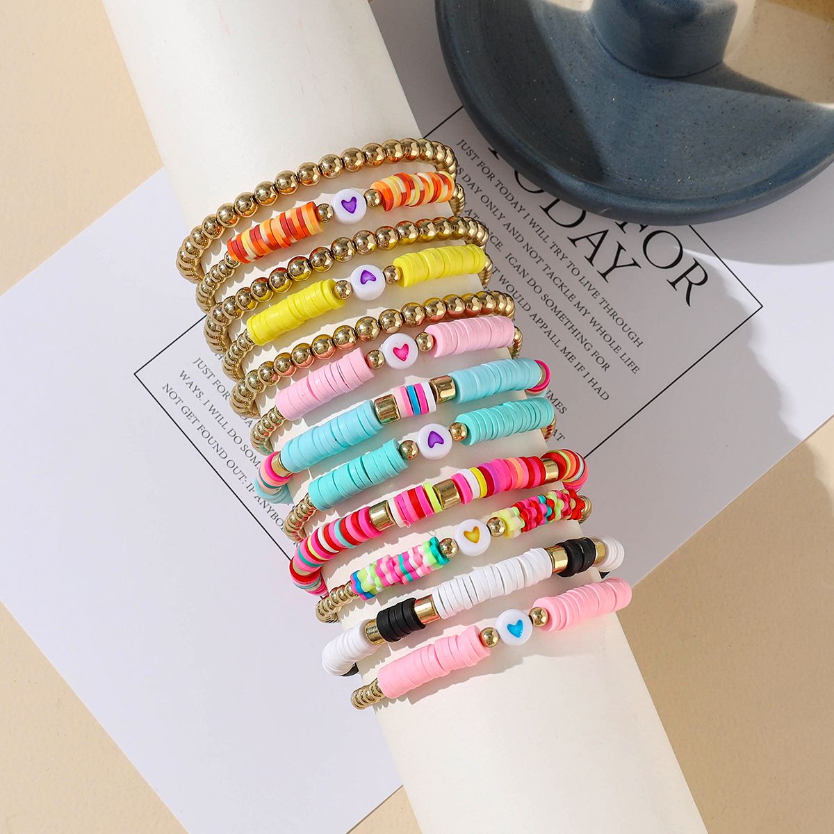 12 pieces Valentine's Day soft ceramic zinc alloy heart handmade beads elastic adjustable fashion simple bracelet set