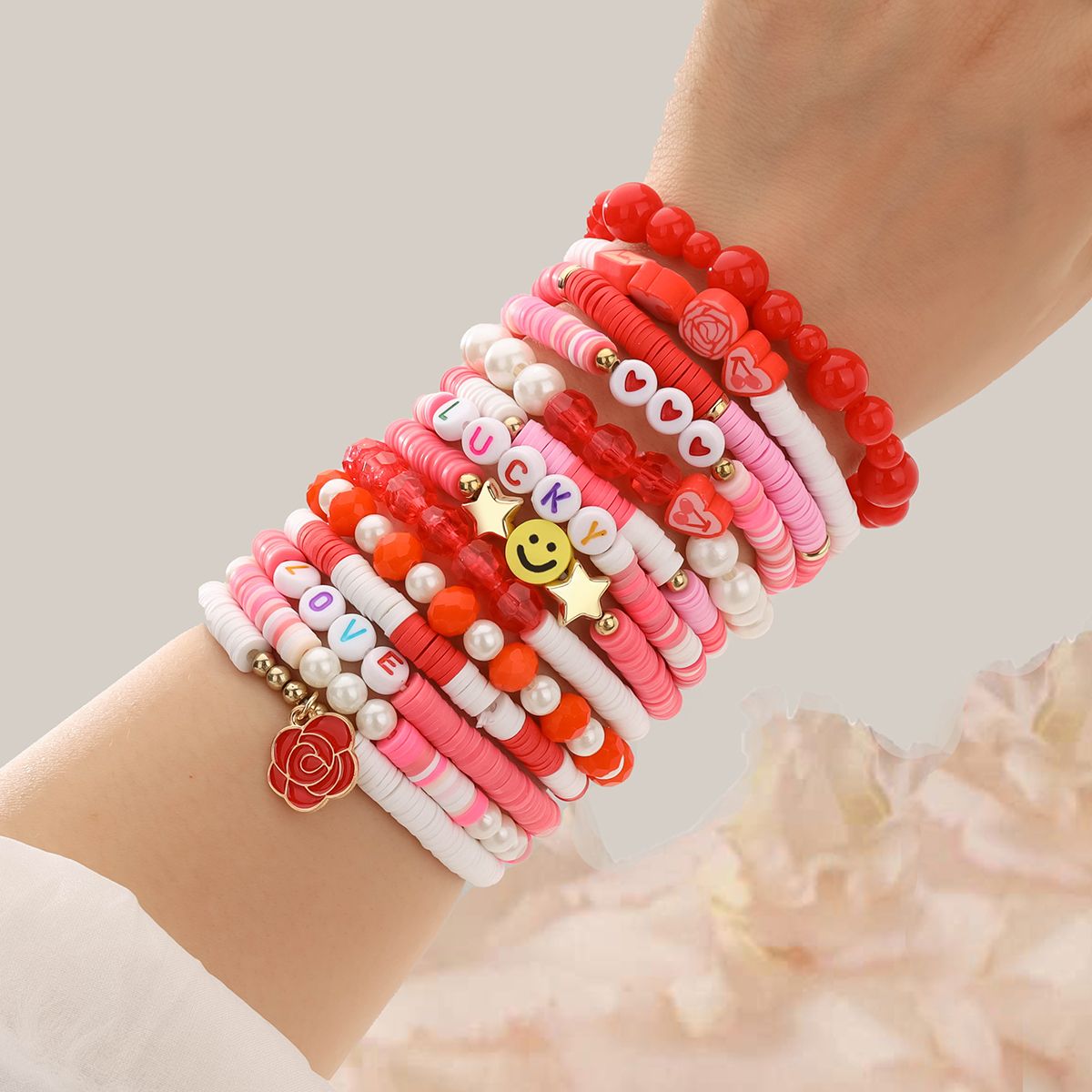 14 pieces Valentine's Day soft ceramic zinc alloy rose heart handmade beaded elastic adjustable fashion bracelet set