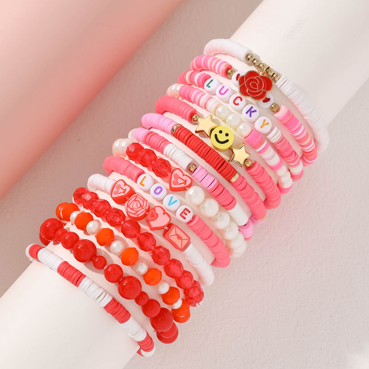 14 pieces Valentine's Day soft ceramic zinc alloy rose heart handmade beaded elastic adjustable fashion bracelet set