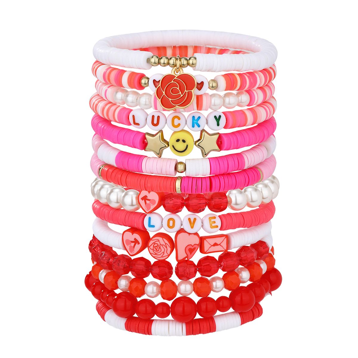 14 pieces Valentine's Day soft ceramic zinc alloy rose heart handmade beaded elastic adjustable fashion bracelet set