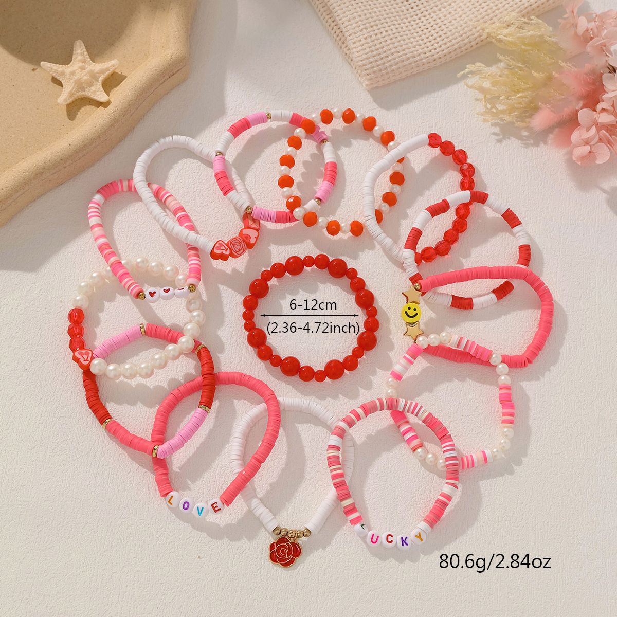 14 pieces Valentine's Day soft ceramic zinc alloy rose heart handmade beaded elastic adjustable fashion bracelet set