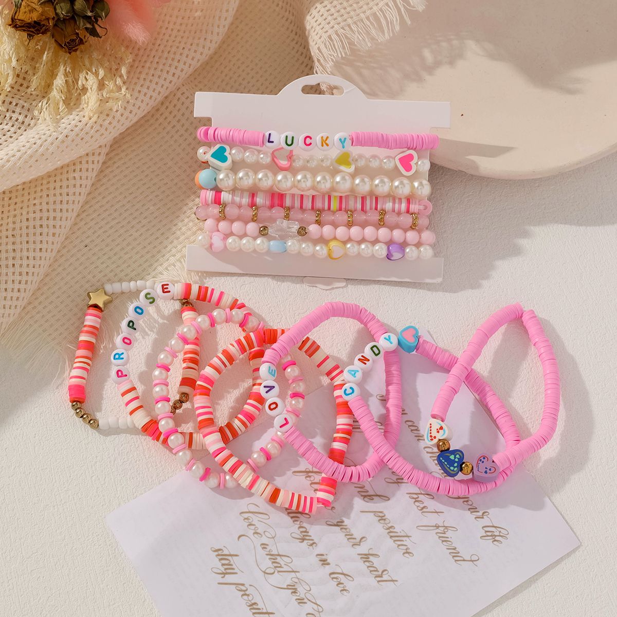 14 Pieces Valentine's Day Soft Ceramic Zinc Alloy Star Letter Handmade Beaded Elastic Adjustable Fashion Bracelet Set