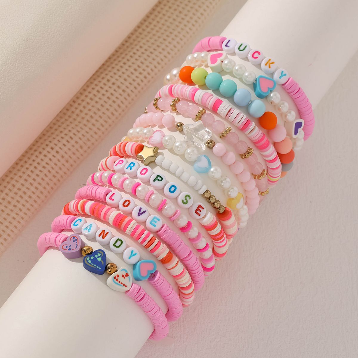 14 Pieces Valentine's Day Soft Ceramic Zinc Alloy Star Letter Handmade Beaded Elastic Adjustable Fashion Bracelet Set