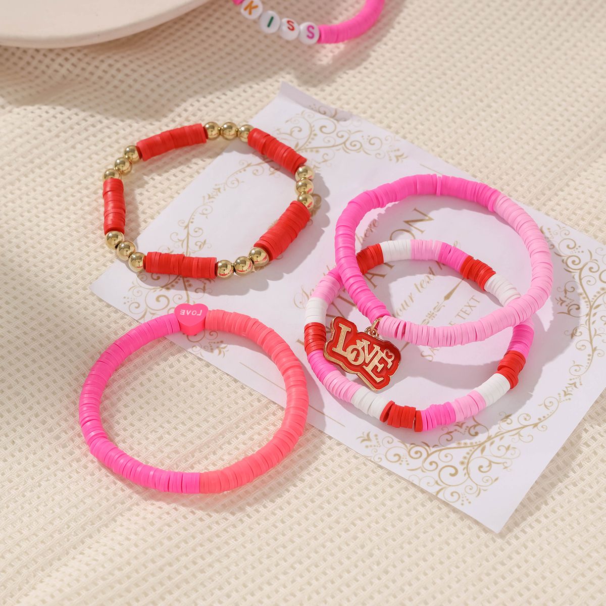 14 Pieces Valentine's Day Soft Ceramic Zinc Alloy Alphabet Handmade Beaded Elastic Adjustable Fashion Bracelet Set