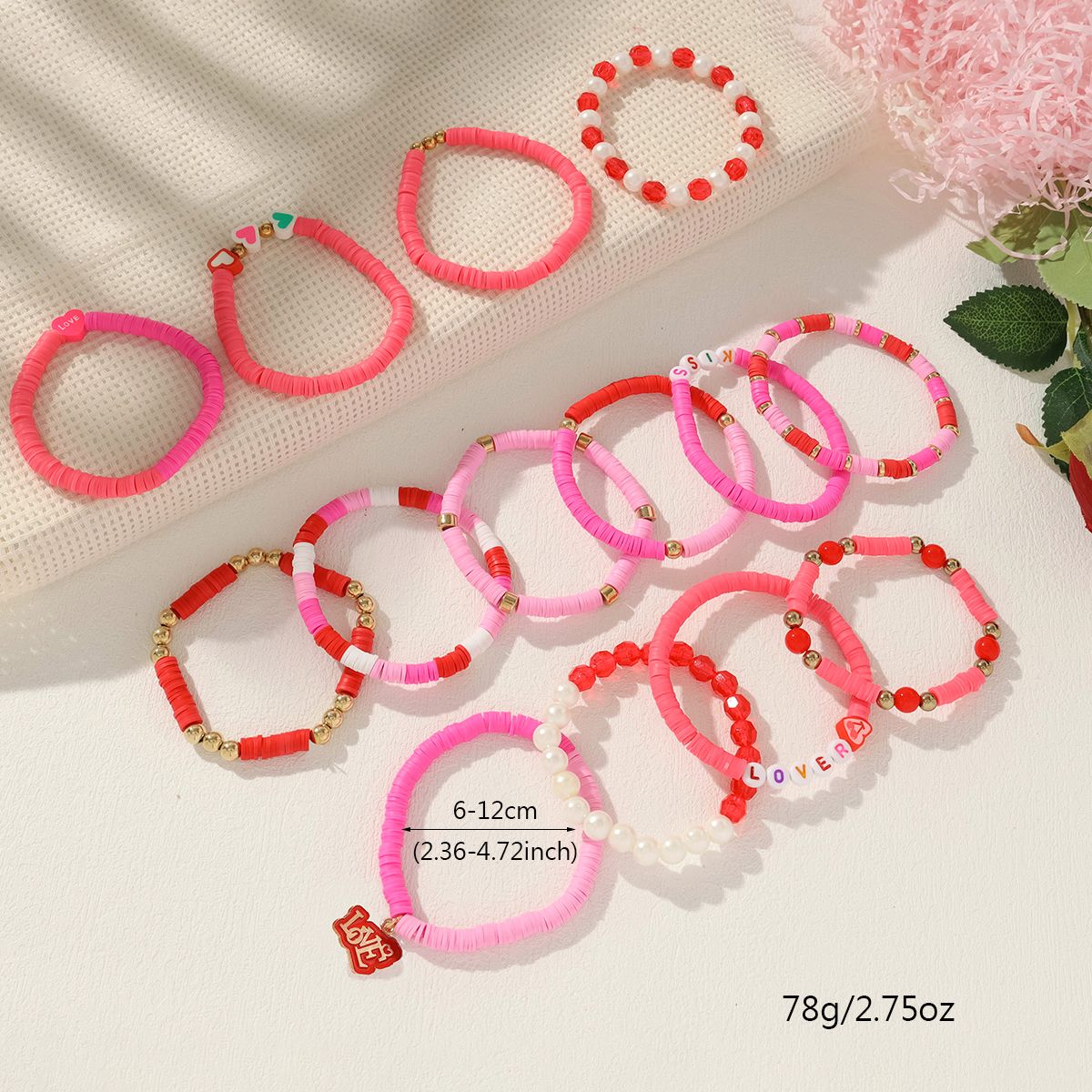 14 Pieces Valentine's Day Soft Ceramic Zinc Alloy Alphabet Handmade Beaded Elastic Adjustable Fashion Bracelet Set