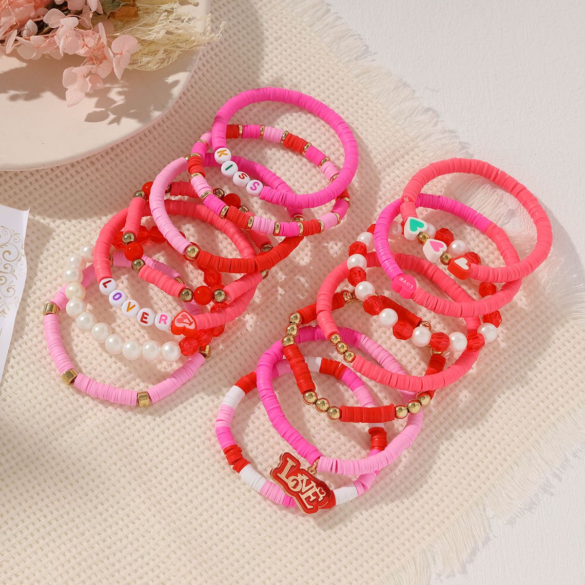 14 Pieces Valentine's Day Soft Ceramic Zinc Alloy Alphabet Handmade Beaded Elastic Adjustable Fashion Bracelet Set