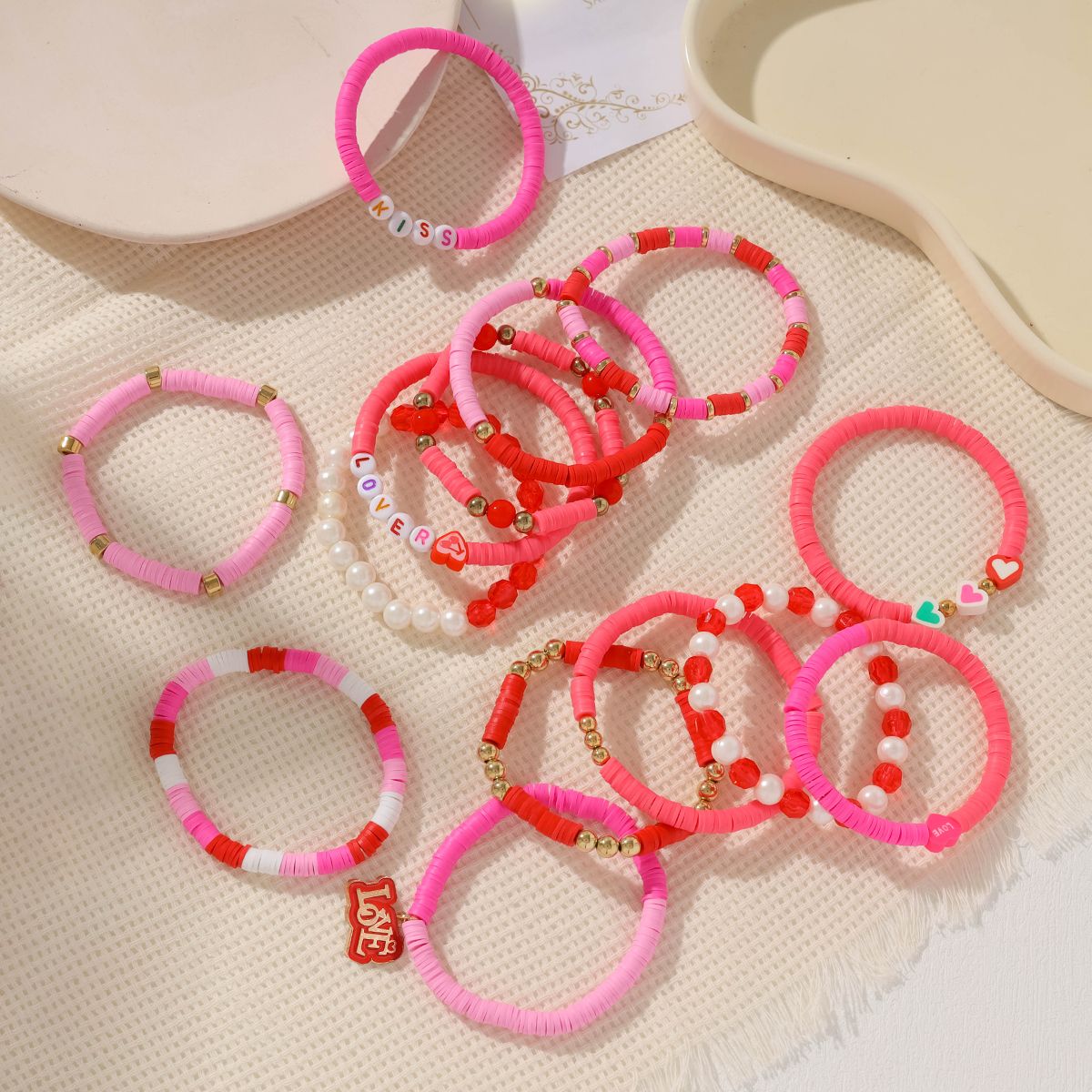 14 Pieces Valentine's Day Soft Ceramic Zinc Alloy Alphabet Handmade Beaded Elastic Adjustable Fashion Bracelet Set