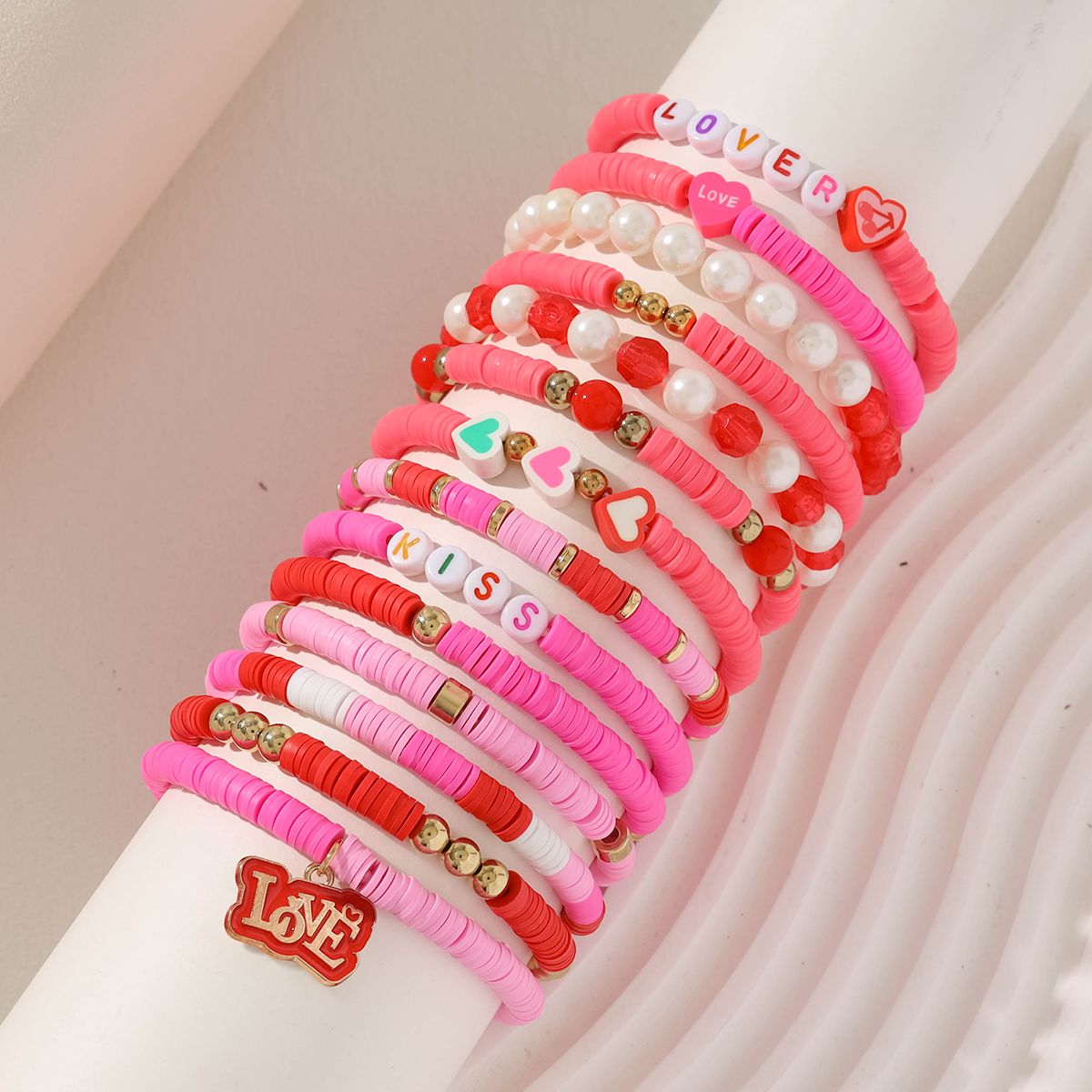 14 Pieces Valentine's Day Soft Ceramic Zinc Alloy Alphabet Handmade Beaded Elastic Adjustable Fashion Bracelet Set