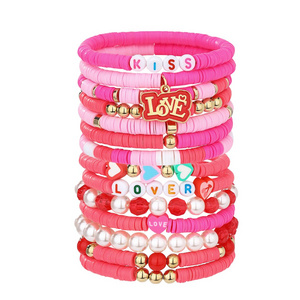 14 Pieces Valentine's Day Soft Ceramic Zinc Alloy Alphabet Handmade Beaded Elastic Adjustable Fashion Bracelet Set