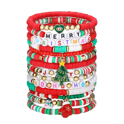 14 Pieces Christmas Soft Ceramic Zinc Alloy Gloves Christmas Tree Handmade Beaded Elastic Adjustable Fashion Bracelet Set