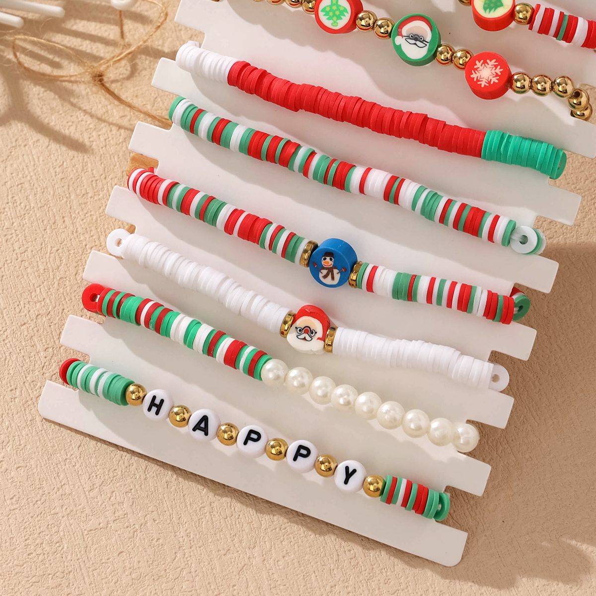 12 Pieces Christmas Soft Ceramic Zinc Alloy Father Christmas Handmade Beaded Elastic Adjustable Fashion Bracelet Set