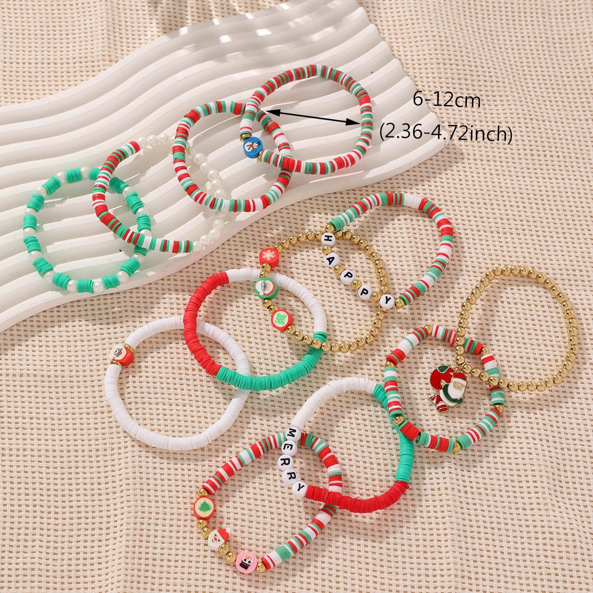 12 Pieces Christmas Soft Ceramic Zinc Alloy Father Christmas Handmade Beaded Elastic Adjustable Fashion Bracelet Set