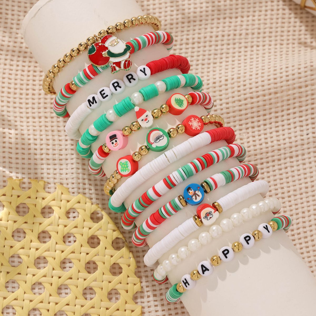 12 Pieces Christmas Soft Ceramic Zinc Alloy Father Christmas Handmade Beaded Elastic Adjustable Fashion Bracelet Set