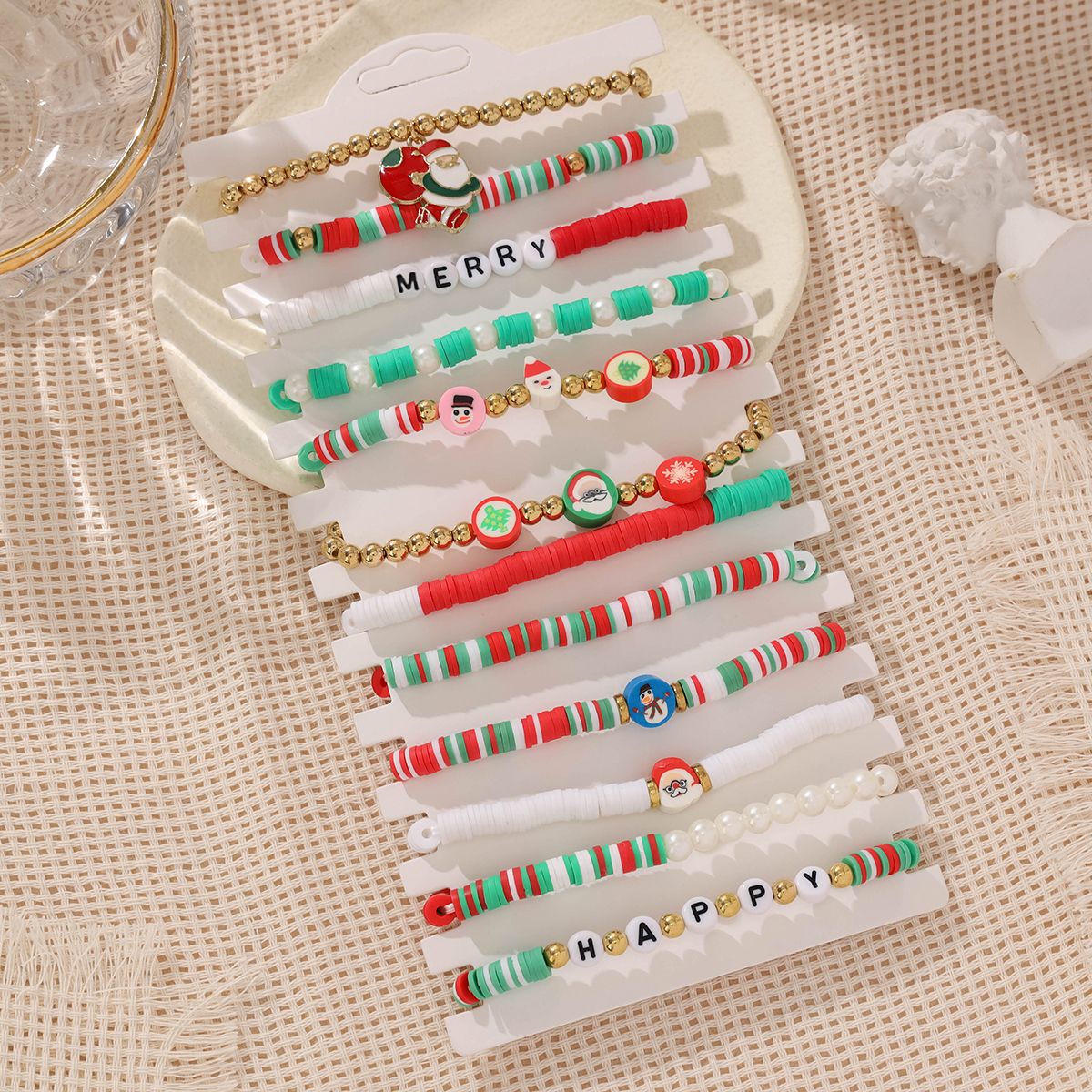 12 Pieces Christmas Soft Ceramic Zinc Alloy Father Christmas Handmade Beaded Elastic Adjustable Fashion Bracelet Set