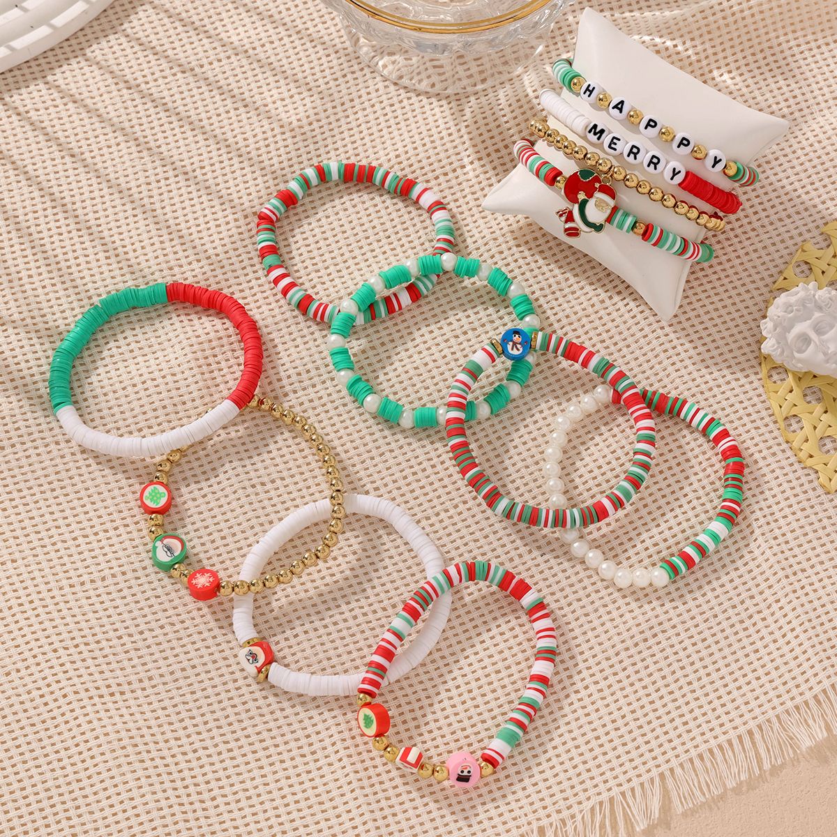 12 Pieces Christmas Soft Ceramic Zinc Alloy Father Christmas Handmade Beaded Elastic Adjustable Fashion Bracelet Set