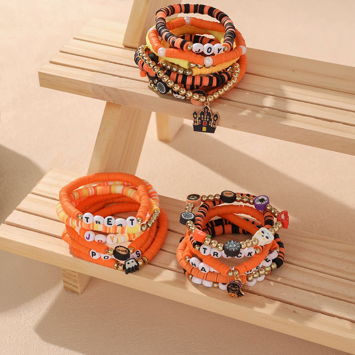 21 Pieces Halloween Soft Ceramic Zinc Alloy Castle Ghost Handmade Beaded Elastic Adjustable Fashion Bracelet Set