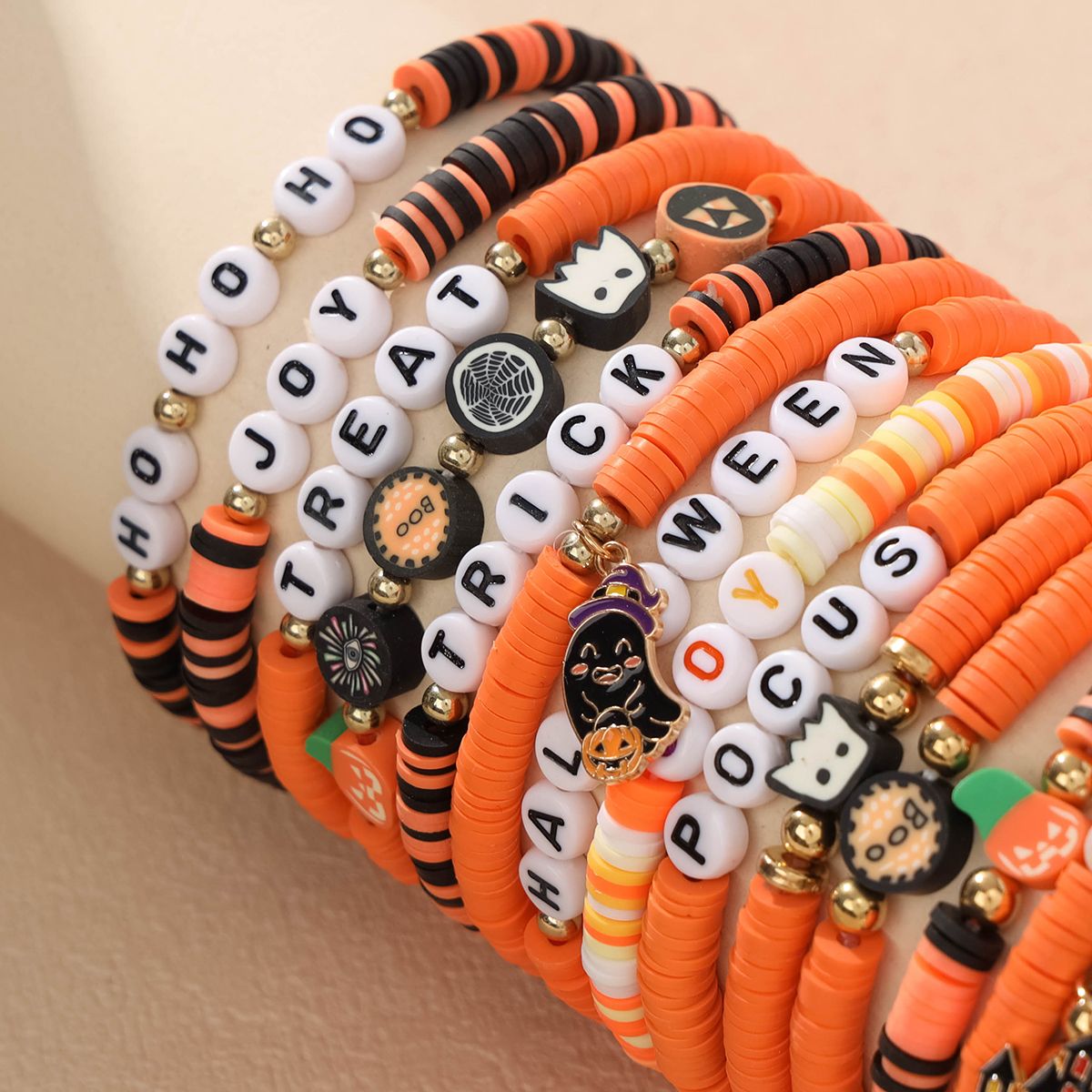 21 Pieces Halloween Soft Ceramic Zinc Alloy Castle Ghost Handmade Beaded Elastic Adjustable Fashion Bracelet Set