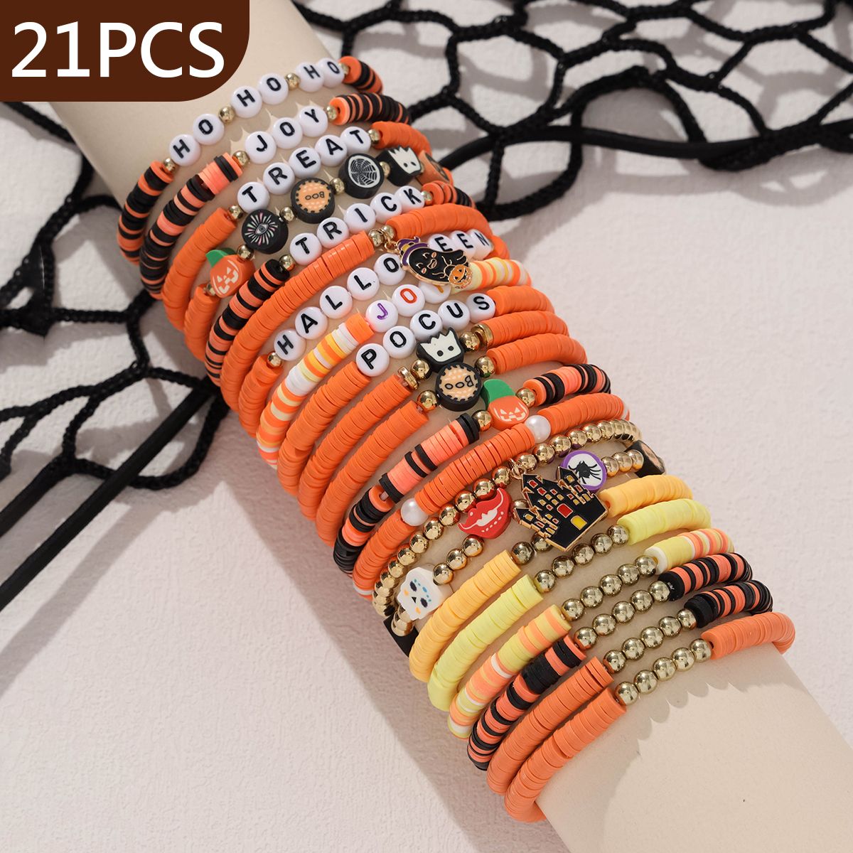 21 Pieces Halloween Soft Ceramic Zinc Alloy Castle Ghost Handmade Beaded Elastic Adjustable Fashion Bracelet Set