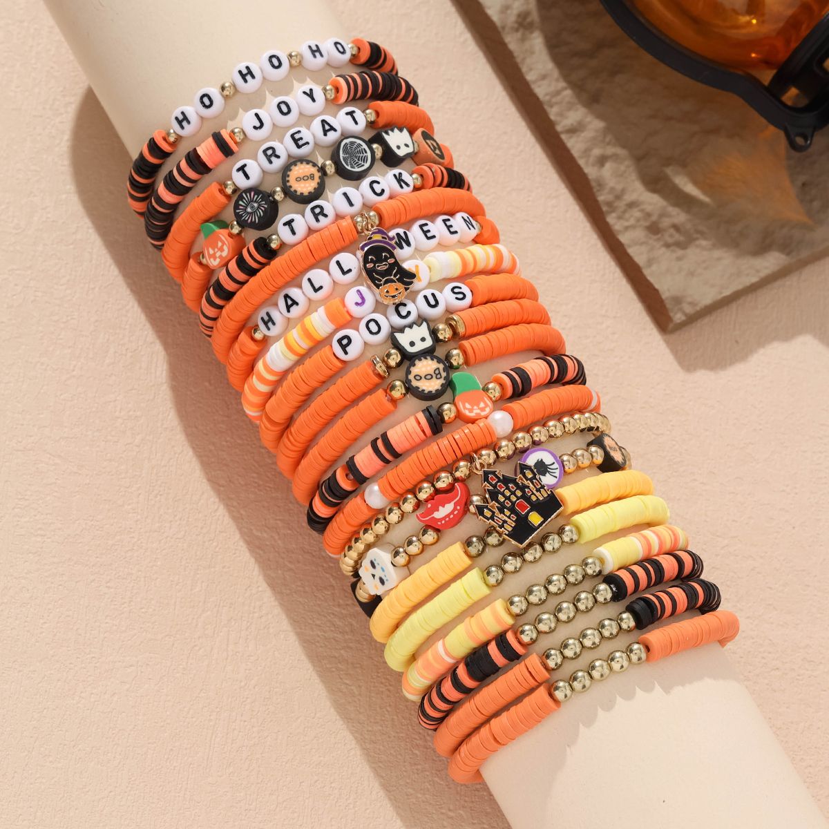 21 Pieces Halloween Soft Ceramic Zinc Alloy Castle Ghost Handmade Beaded Elastic Adjustable Fashion Bracelet Set