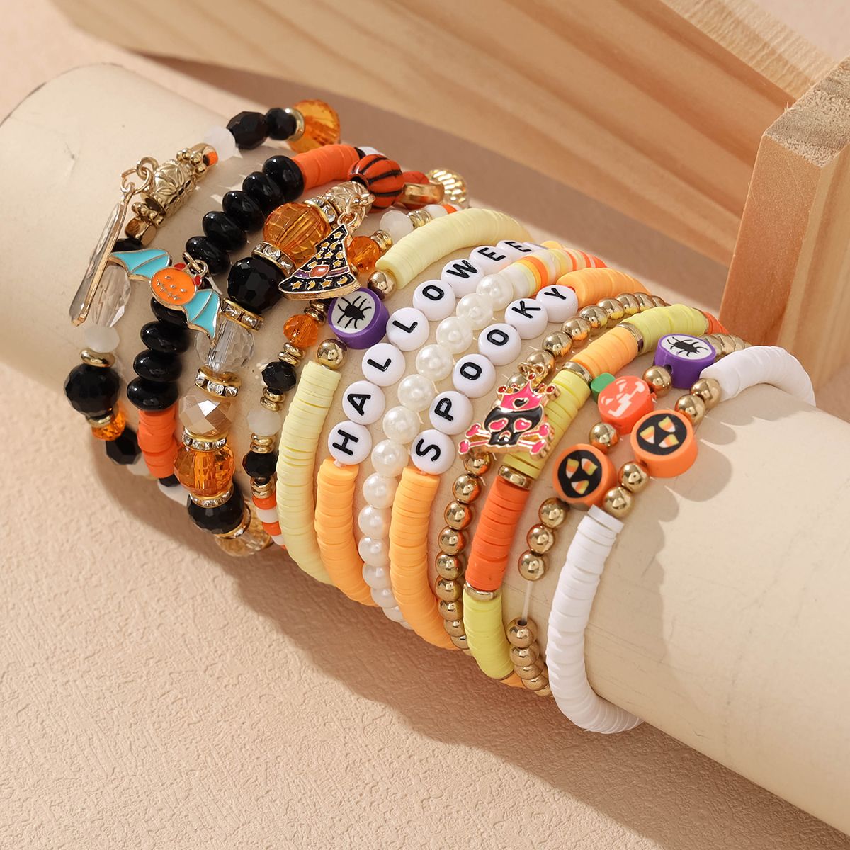 12 Pieces Halloween Soft Ceramic Zinc Alloy Bat Pumpkin Handmade Beaded Elastic Adjustable Fashion Bracelet Set