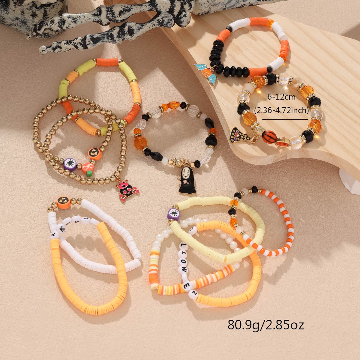 12 Pieces Halloween Soft Ceramic Zinc Alloy Bat Pumpkin Handmade Beaded Elastic Adjustable Fashion Bracelet Set